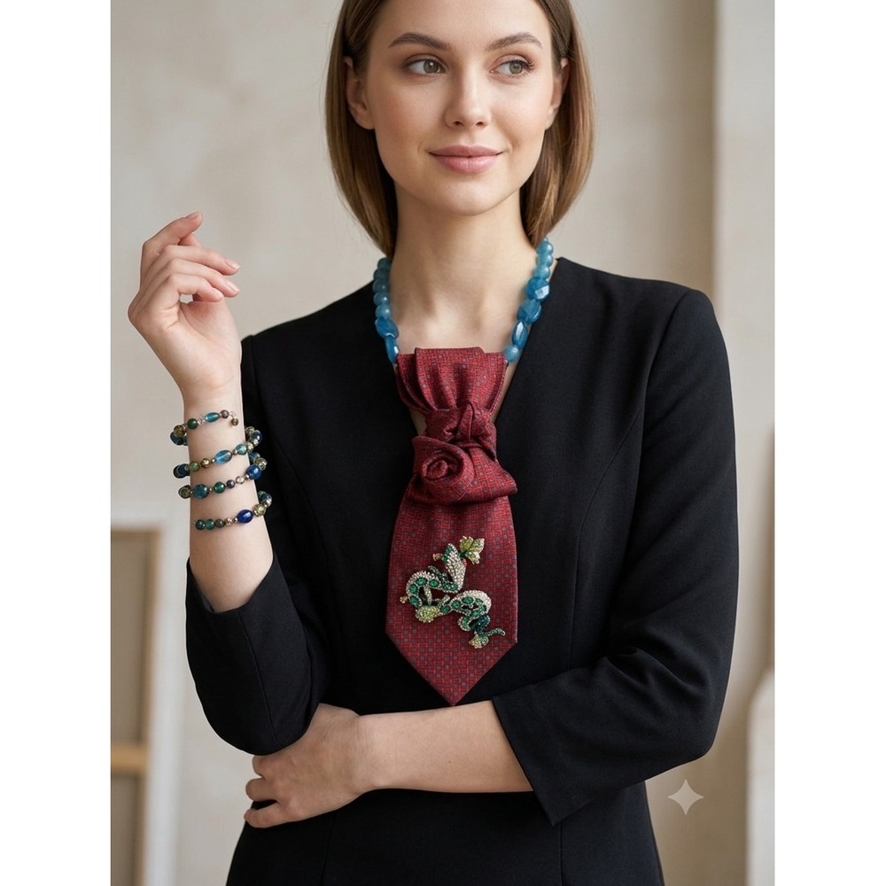 Daniel De Fasson Silk Tie Necklace Rhinestone Snake Brooch & Wrap Bracelet Set